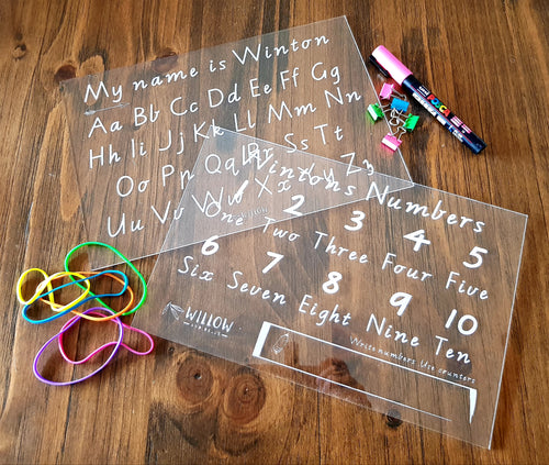 Alphabet Learning Boards, Numbers Learning- Educational Bundle. Trace and wipe boards. https://willowandbelle.com.au/collections/educational/products/alphabet-and-numbers-learning-board-bundle