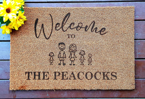 Personalised Doormat- Welcome with Customised Stick Figure Family